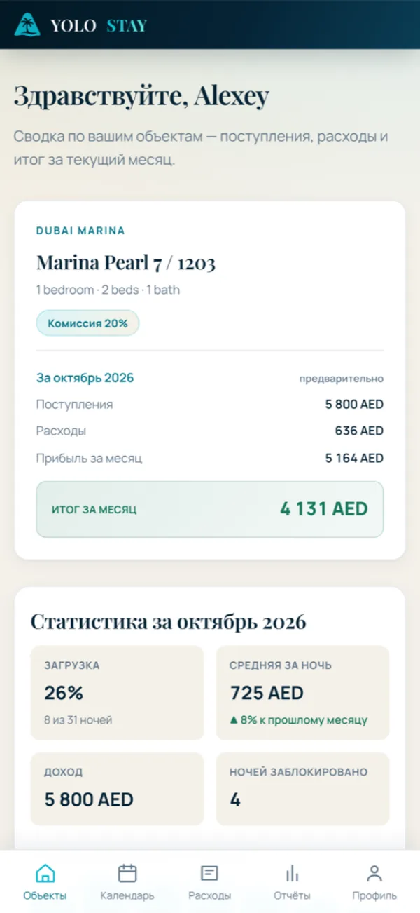 Главный экран собственника в приложении YOLO STAY